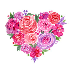 Pink red watercolor roses heart with green leafs. Isolated watercolor illustration