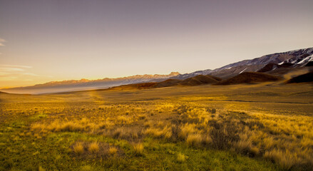 "Paisaje del Paso Las Carreras, Tupungato, Argentina. Extensa pradera de pastos amarillos bajo la cálida luz del atardecer, con imponentes montañas en el horizonte. Escena natural serena y majestuosa. © marcos