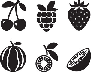 A collection of black fruit silhouettes on a white background.