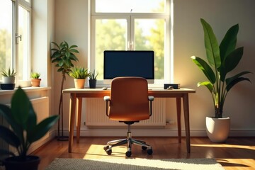 Empty chair at desk facing computer, sunlit room, simple, home, technology