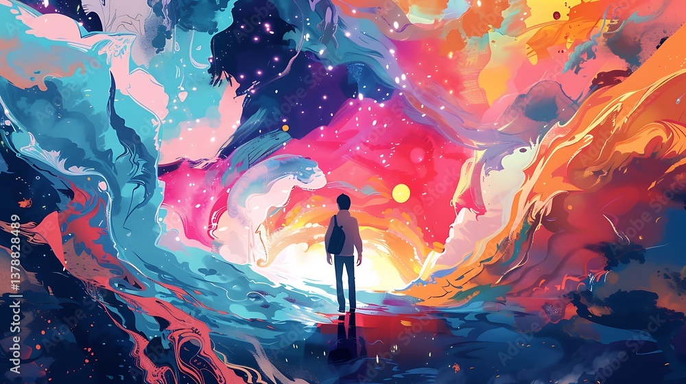 Poster an adventurous mind with exploratory elements and bold, dynamic colors indicating curiosity and disc