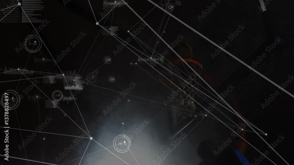 Poster animated network connections processing data over basketball hoop in dark setting