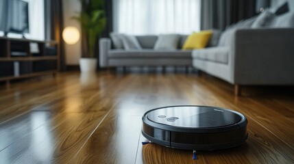 Autonomous cleaning: Robotic vacuum simplifying household chores on hardwood floor