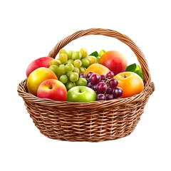 A woven basket filled with a variety of colorful fruits on a black background