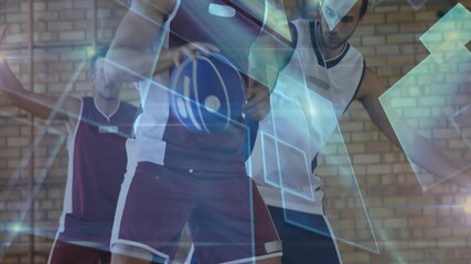 Playing basketball, players with digital data animation overlay on school court - Powered by Adobe