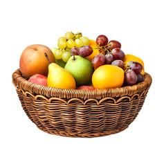 A wicker basket filled with a variety of fresh fruits on a black background