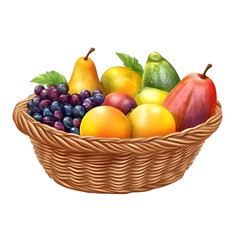 A wicker basket filled with a variety of colorful fruits on a black background