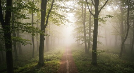 Enchanting Foggy Forest Path Serene Nature Trail in Misty Woods