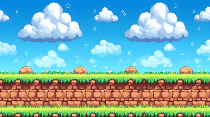 Vibrant Pixel Art Landscape Featuring Blue Sky with Clouds Green Grass and Detailed Brown Earth Texture for Seamless Game Background