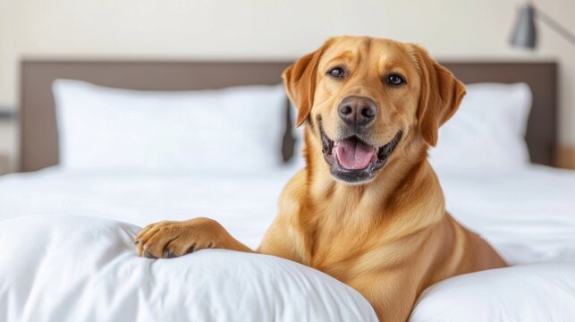 Pet hotel accommodation Concept, Happy Dog Enjoying Bedtime Treat in Cozy Hotel Room with Soft White Bedding