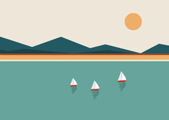 Scandinavian landscape with sea and mountains. Norwegian fjord illustration. Nordic nature landscape