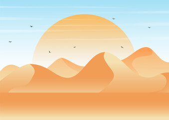 Orange desert landscape dunes illustration. Travel to Egypt flat style cartoon. Morning panoramic sunrise
