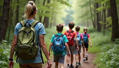 Fototapeta na wymiar A group of adults and children hike along a dirt trail in a lush green forest, wearing backpacks. The serene surroundings showcase tall trees, vibrant vegetation, and a shared sense of adventure