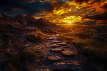 Fototapeta premium A stunning sunset spreads vibrant colors over the rugged land, a winding stone path leading to captivating views.