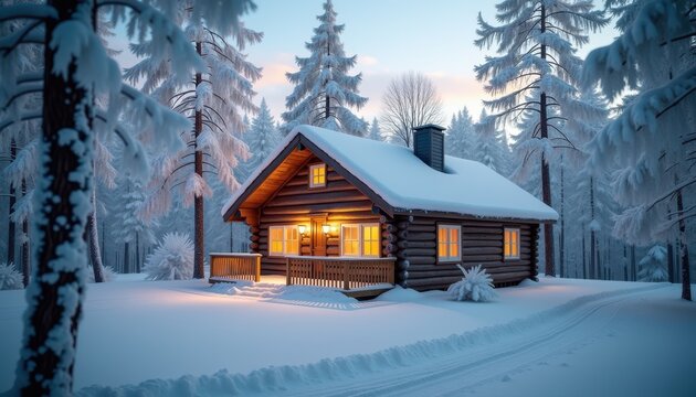 A cozy log cabin with glowing windows and porch lights rests in a snowy forest. Surrounding pine trees, blanketed in snow, create a peaceful winter wonderland at dusk