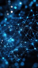 Abstract network structure, dark blue, glowing points, blurred lights