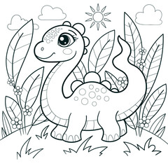 Cartoon dinosaur with a long tail. Black and white linear drawing. Isolated on white background. For children's design of coloring books, prints, posters, cards, stickers, etc. Vector illustration