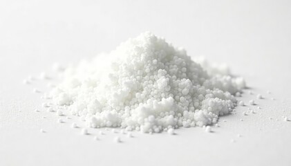 Pile of white granulated sugar on white background, crystalline structure, close up