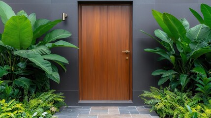 Outdoor toilet with polished wood walls, brushed gold fixtures, and a stone pathway leading to it, surrounded by greenery, isolated, outdoor toilet, luxurious tropical style
