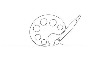 Continuous one line drawing of a paint palette with an art brush in a minimalist outline vector icon style