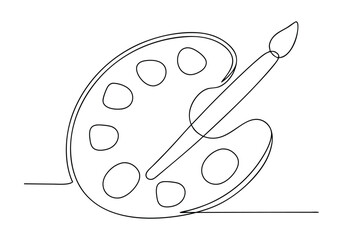 Continuous one line drawing of a paint palette with an art brush in a minimalist outline vector icon style