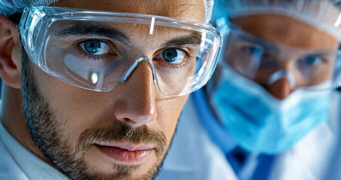 The Gaze of Discovery: A close-up perspective captures two scientists, one intently focused with safety glasses, embodying the rigor of scientific research.