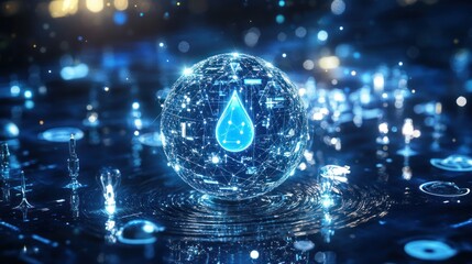 Abstract water droplet sphere, digital network, blurred lights background, conceptual, technology use