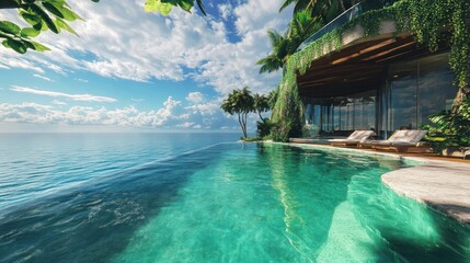Obraz premium Luxurious tropical resort with infinity pool merging into ocean horizon view