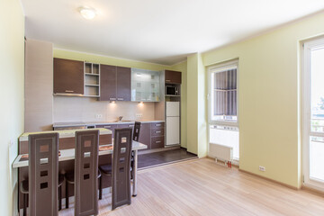 Modern Home Apartment Kitchen Interior with Dining Area and Natural Light