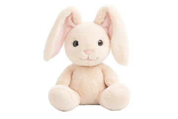Plush cream bunny toy with long ears and button eyes sitting upright, cut out