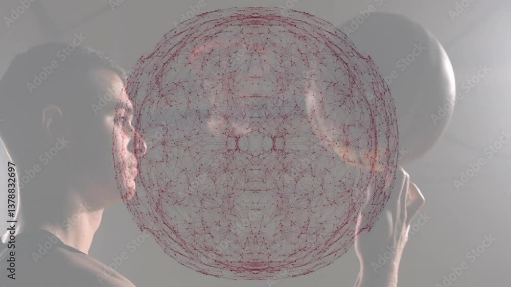 Poster interacting with complex animation, person studying red network pattern in school