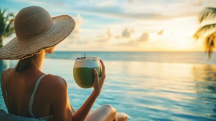 Fototapeta premium Female enjoying tropical sunset by ocean with refreshing drink and straw hat