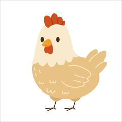 Flat style illustration of a light brown hen with red comb and orange beak, perfect for farm-themed designs, children’s books, educational materials, and agricultural content