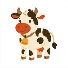 Flat style illustration of a cute dairy cow with brown spots, horns, and a bell collar, ideal for farm-themed projects, children’s books, and agricultural educational materials