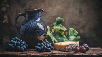 Rustic Still Life: Grapes, Cheese, and Earthenware Jug