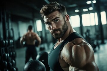 A determined fit man focused on his training routine in the gym.