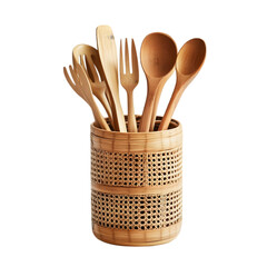 Wooden utensils in a woven rattan holder against a black background view