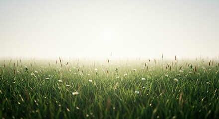 Fototapeta premium Serene Misty Meadow Grass Flowers and Soft Morning Light Landscape