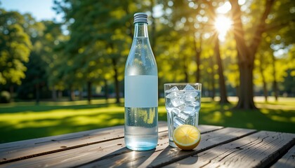 Refreshing Water Bottle and Glass with Lemon on Park Picnic Table