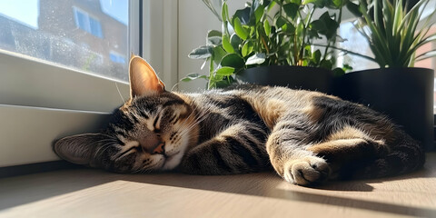 Sleepy Cat Relaxing in Sunlight Near Green Plants on a Bright Morning