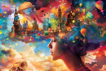 An imaginative mind with whimsical, floating objects and vibrant colors symbolizing creativity and fantasy