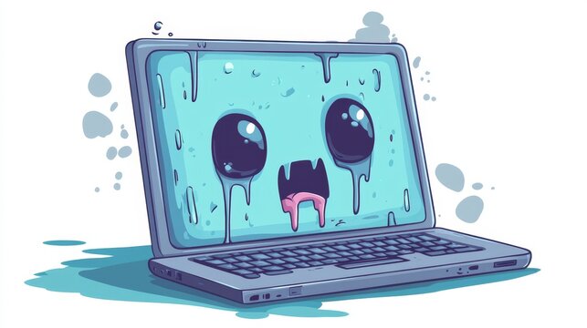 Cartoon illustration of a sick laptop mascot with a distressed face, representing technical issues or computer malfunction, isolated on a white background