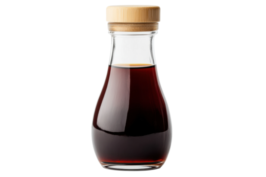 Glass bottle of soy sauce with wooden cap on white background, cut out