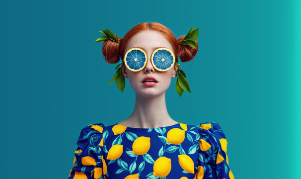 Woman wearing citrus-inspired fashion, with lemon-patterned clothing and blue lemon slice sunglasses. Summer vibes, freshness conceptual background.
