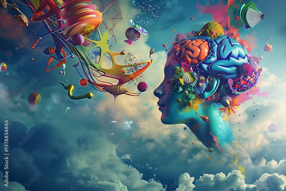 Poster an imaginative mind with whimsical, floating objects and vibrant colors symbolizing creativity and f