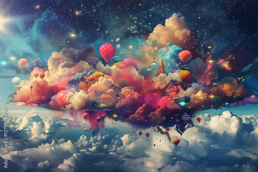 Poster an imaginative mind with whimsical, floating objects and vibrant colors symbolizing creativity and f