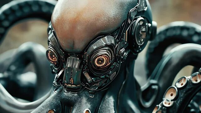 Alien cyborg octopus twisting through advanced cybernetic development in an artificial environment, Alien cyborg octopus twist morph