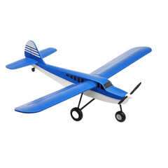 A blue and white model airplane on a black background in studio lighting