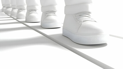 White Sneakers Lined Up in Order on a White Surface in a Clean Studio with a Minimal and Modern Feel with an Abstract Geometric Arrangement
