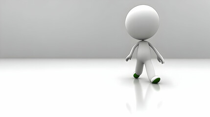 White Stick Figure Walking on Reflective Floor Against a Light Gray Background Minimalist Three Dimensional Rendering